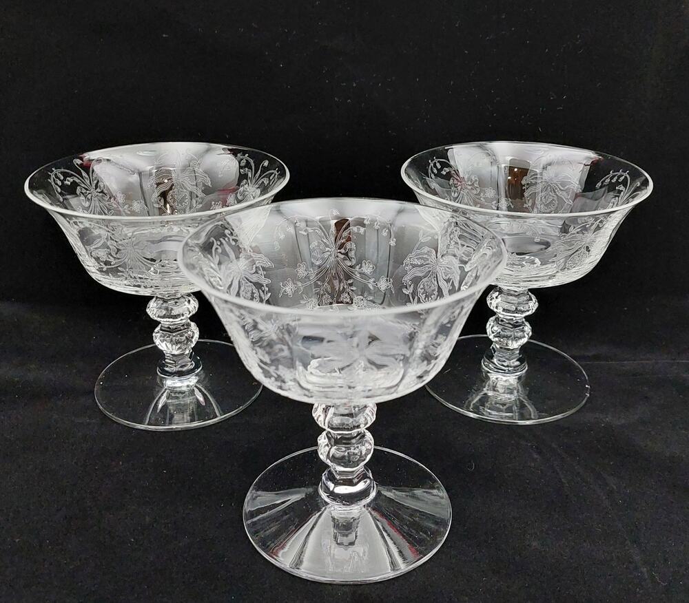 Vintage Heisey Orchid Etched Crystal Low Sherbet Champagne Coupe Glasses Set 3